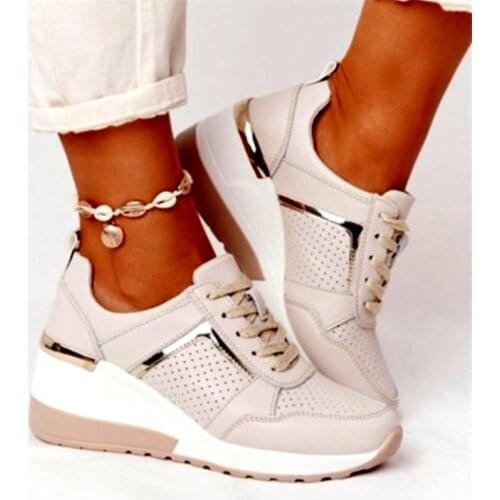 2021 New Women Wedge Sneakers Casual Lace-Up Height Increasing Sports Shoes Ladies Platform Air Cushion Comfy Vulcanized Shoes