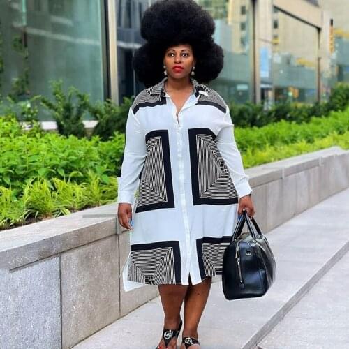 Women Plus Size Dresses Print Geometric Office Ladies White Dress Straight Loose Long Sleeve Shirt Dress Wholesale Dropshipping