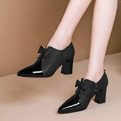 Womens Single Shoes Spring And Autumn Trend Fashion Temperament 5cm High Heels New Bow Knot Wild Pointed Zipper Work Shoes