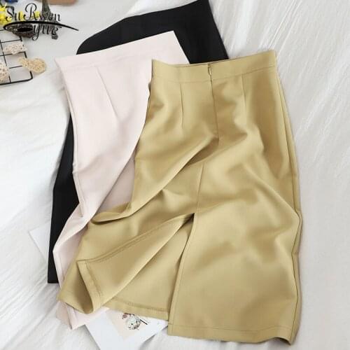 Women PU Leather Skirts High Waist Solid Straight Elegant Split Skirt Midi Leather Skirts for Women 2021 Summer Skirts 13555