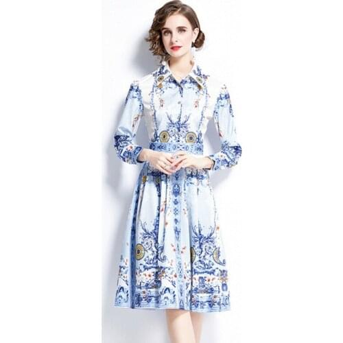 2021 autumn fashion casual Women long Sleeve Turn Down Collar Midi Pleated print dress Vestido
