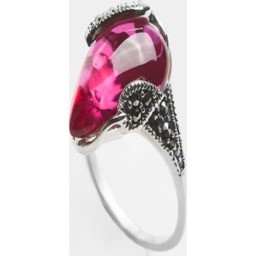 2018 Newly Genuine Natural Thai Silver Purple Red Stone Ring Vintage Women Unique Red Stone Thai Silver Ring Drop Shipping 16mm