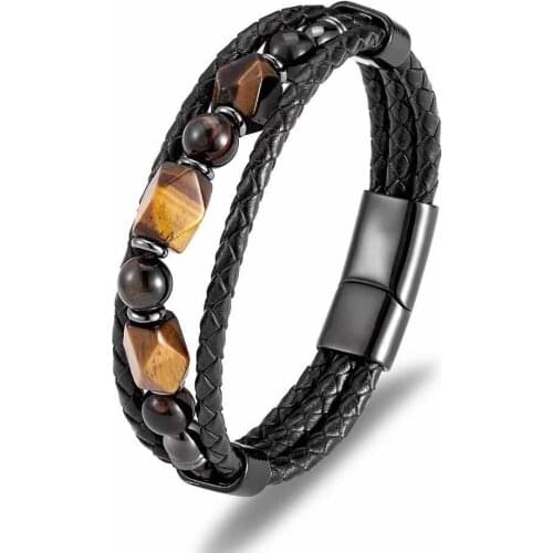 2021 trend new mens jewelry leather bracelet Tiger Eye Bracelet Charm stainless steel magnetic buckle mens wrist gift