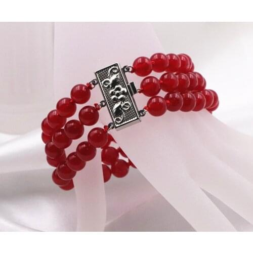 3 Rows of Natural Classical Chinese Red Rubys Chalcedony Round Beads 8mm Bracelet Lady Jewelry 7.5 Inches Y28