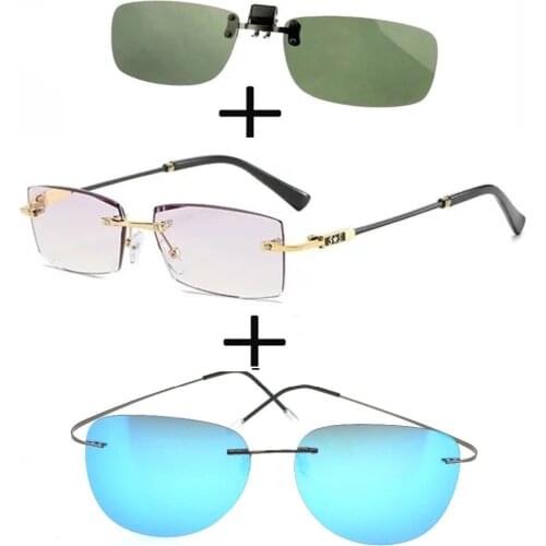 3Pcs!!! rimless frameless luxury Reading Glasses for Men Women + Alloy Polarized Sunglasses thin leg + Sunglasses Clip