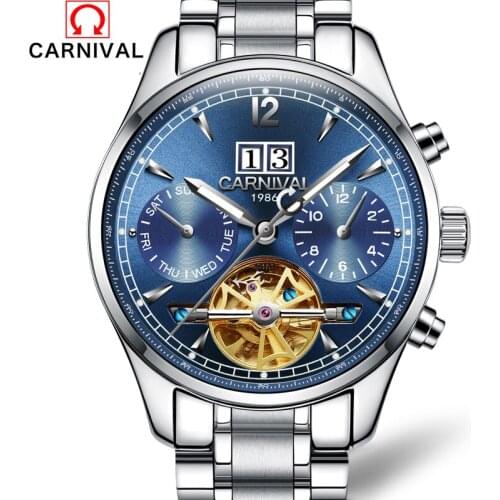 Fashion Luxury Brand CARNIVAL Men Watch Tourbillon Hollow Calendar Automatic Mechanical Watch Male Casual dress Clocks Relogio