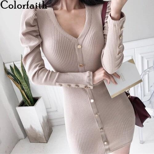 Colorfaith New 2021 Womens Autumn Winter Dresses Knitted Korean Elegant Lady Package Hip Vintage Puff Sleeve Mini Dress DR3272A