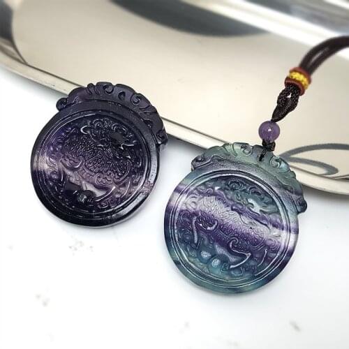 Natural Colorful Round Fluorite Pendant Carving Flowers Fu-word Unicorn Crystal Reiki Amulets Lucky Necklace DIY Women Gifts