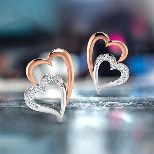 Huitan Two Tone Design Double Heart Stud Earrings for Women Creative Girl Accessories Fashion Earrings Jewelry New Drop Shipping