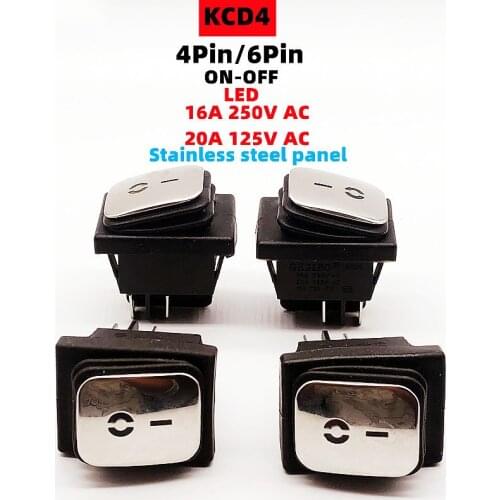 KCD4 Stainless steel waterproof rocker switch ON-OFF4/6Pin electrical equipment switch with LED power supply 16A 250V/20A 125VAC