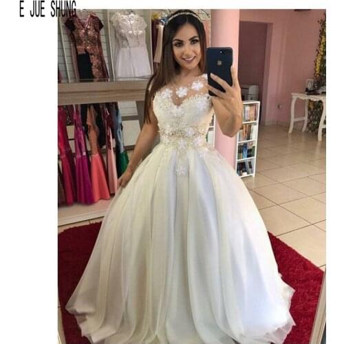 E JUE SHUNG Classic Wedding Dresses O Neck Beaded Lace Appliques Ivory Lace Up Back Wedding Gowns vestido de noiva Custom Made