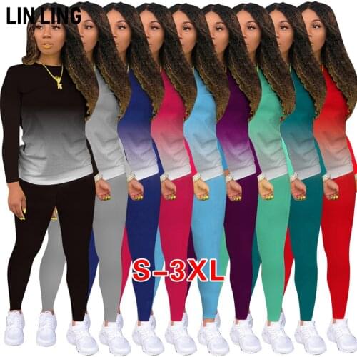 Classic Commuter Two Piece Solid Color Gradient Long Sleeve Top with Skinny Elastic Pencil Pants Lounge Wear