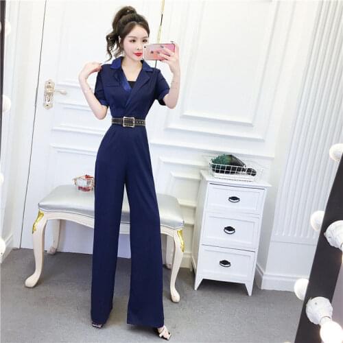 Rompers Women Solid Pocket belt turn down collar Short sleeve Long Wide Leg Pants Summer Navy blue Overalls Female 2020