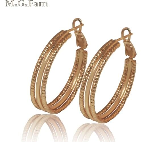 MGFam 18 K Yellow Glod Color Earrings 3 Hoops Women Circle No Stone Classic Style