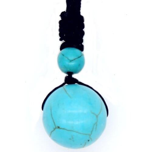 Trendy-beads Simple Style Round Green Turquoises Stone Beads Pendant With Black Rope Chain Necklace