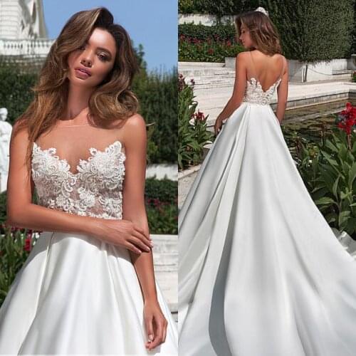 Fashion Illusion O-Neck Appliques Wedding Dress A-Line Sexy V-Back Satin Bridal Gowns Vestidos De Noiva