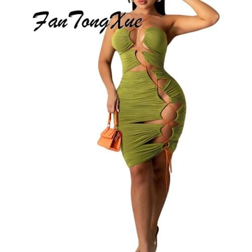 Bodycon Dress for Women 2021 Solid Hallow Out Sexy Dresses Women Sheath Sleeveless Halter Knee Length Vintage Bandage Dress