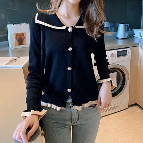 Solid Turn-down Collar Womens Sweater Knitted Open Stitch Sweater Spring Autumn Long Sleeve Basic Women Clothing Black Top Femme