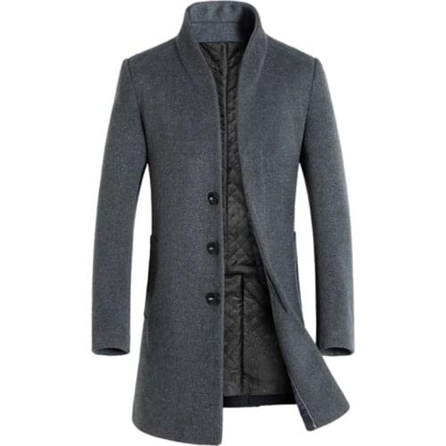 New Woolen Trench Coat Men Slim Fit Long Woolen Jacket Winter Single Breasted Male Overcoat Grey Jacket
