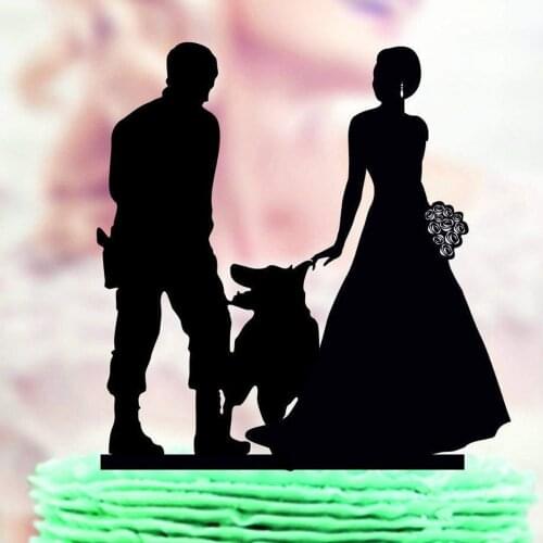 Family Wedding Cake Topper , Bride and Groom With dog Silhouette Cake Topper ,Policeman Mr and Mrs with german shepherd Topper