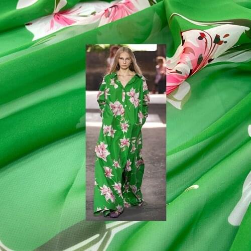 Lily Digital Green Printed Chiffon Fabric 100% Polyester Textile Sewing Material Cloth High Fashion Fabric for Dress
