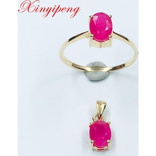 Xin Yipeng 18K yellow gold inlaid real natural ruby set ring finger pendant fine gemstone jewelry wedding gift for women 5×7mm