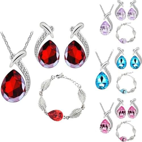 Lady Rhinestone Inlaid Water Drop Pendant Necklace Bracelet Luxury Decor Accessory Crystal Set Xmas Gift For Women Jewelry
