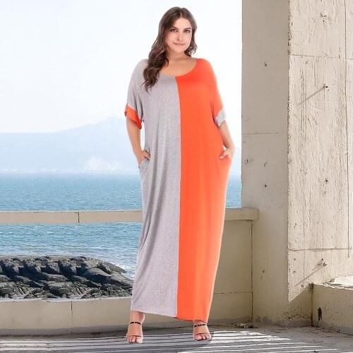 Women Maxi Dresses Straight Type Oversized Long Dress Fashion Patchwork Short Sleeve Loose Casual Plus Size Women Dress