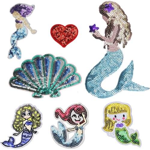 Mermaid Heart Paillette Sequins Patches Cap Bag Shoe Iron On Appliques DIY Apparel Accessories Patch For Clothing Fabric Badges