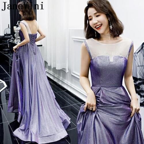 JaneVini Shiny Purple Prom Dresses Long A Line Evening Dress Scoop Neck Beaded Satin Sweep Train Formal Party Gowns Custom Made