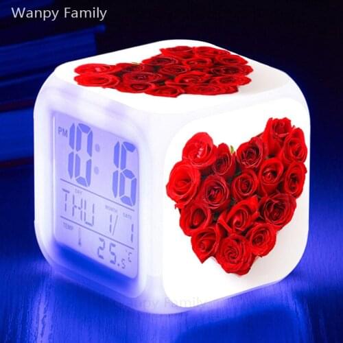 Heart-shaped Red Rose flower Alarm Clock 7 Color Glowing LED Digital Alarm Clock Kids room Multi-fonction Fashion Watches Clock