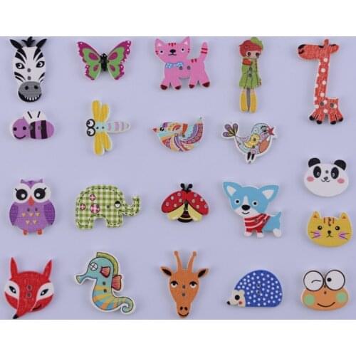 50 Pcs Decorative Button for Children Scrapbooking Accessories Sewing Mixed Flower Wooden Buttons Printing Clothes Crafts Animal