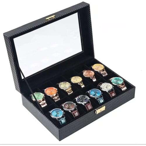 12 Slots Carbon Fiber Watch Storage Box With Lock Black PU Leather Watch Display Case Mechanical Watch Storage Boxe