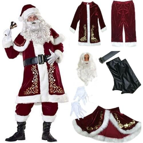 9pcs Christmas Cosplay Cosutmes Deluxe Xmas Santa Claus Father Cosplay Suit Adult Fancy Dress Full Set Plus Size 2XL