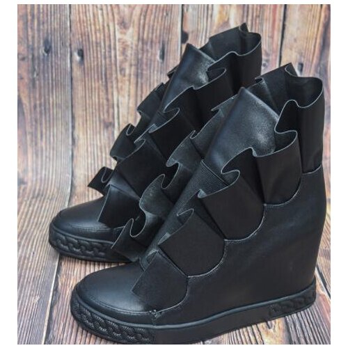 Carpaton Black Leather Ruffles Decorations Women Shoes Round Toe Height Increasing Casual Sneakers Solid Color High Top Shoes