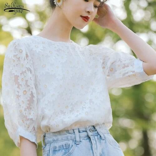 Summer Solid Lace Short Puff Sleeve Small Fresh Sweet Flowers Embroidered Organza Shirt Girl All-match Blouse Casual Sweet 14932
