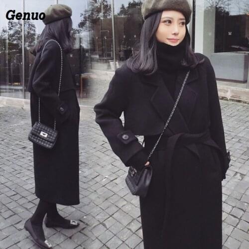 Genuo 2020 New Spring Woolen Coat Women Long Woolen Coat Female Black Winter Overoat Long Outerwear For Women Elegant Women Top