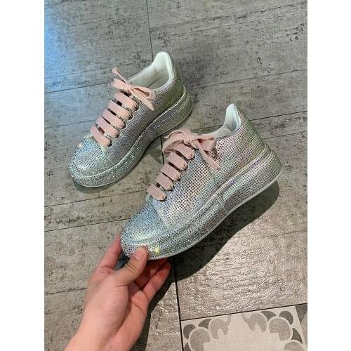 2021 spring and autumn new all-match womens sports shoes Korean fashion rhinestone bright color lace-up platform casual shoes