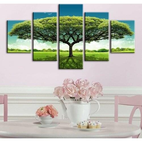 Big Green Tree Scenery 5 Panel Canvas Picture Print Wall Art Canvas Painting Wall Decor for Living Room Poster No Framed