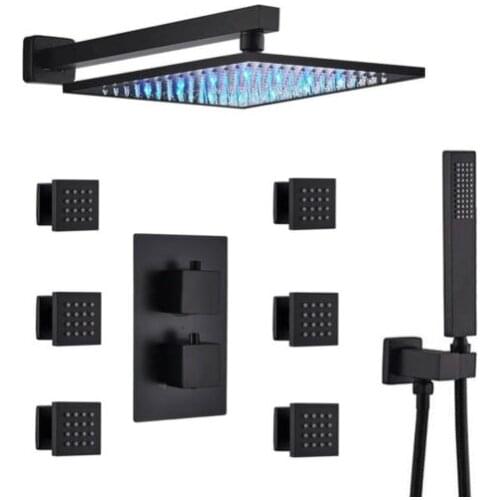 Water Pressure Control 16 inch Matte Black LED Shower head 3-Way Faucet System Settings