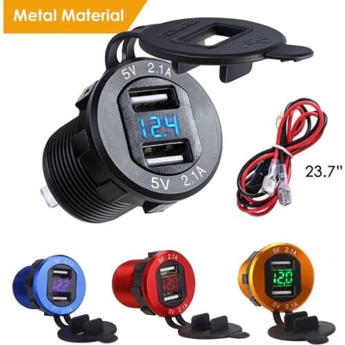 Dual USB Charger Socket Waterproof Power Outlet 2.1A 2.1A with Voltmeter & Wire in-line 10A Fuse for 12-24V Car Boat Motorcycle