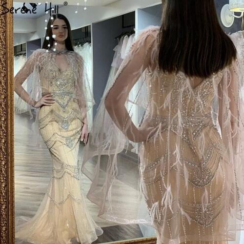 Nude Silver Mermaid V-Neck Sexy Evening Dresses 2020 Sleeveless Feathers Shawl Yarn Diamond Formal Dress Serene Hill LA70575