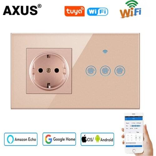 AXUS EU TUYA Smart Home Wall Power Touch Switch With Socket Combination Crystal Glass Panel, AC 110-250V 146*86mm Plug Grounding