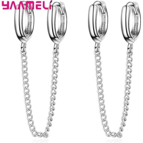 1 PC New Punk Style Brincos Long Chain Tassel 925 Sterling Silver Double Piercing Earrings For Men/Women All-Match Jewelry