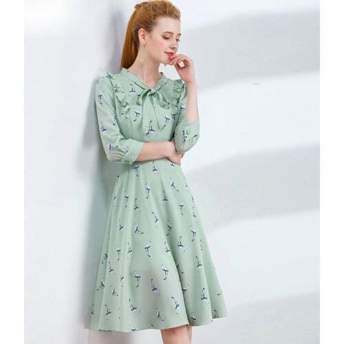 Abrini Chiffon 2021 Summer Fall Dress Bowknot Neck Pleated Floral Printed Half Sleeve Elegant Women Vacation Dresses Casual Slim