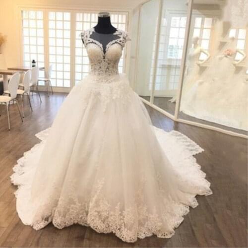 Katristsis d 2019 Ball Gown Wedding Dresses Lace Appliques Gowns Vestido De Novias O-Neck Princess Luxury Cathedral Train