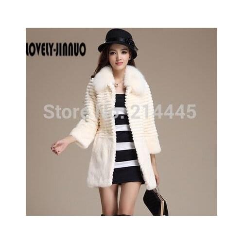 Genuine Rabbit Fur Coat With Fox Fur Collar Women Long Full Pelt Rabbit Fur Jacket Winter Fur Coats 4XL EMS Free Shipping F702