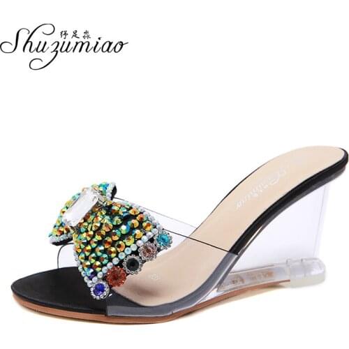 New Wedges Women Shoes Slope Heel Sandals Female Summer 2021 New Sexy Crystal Transparent High-heeled Shoes Water Drill Slippers