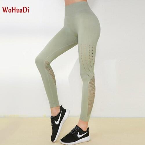 WOHUADI Tights Yoga Pants Female Sport Fitness Leggings Women Mesh hollow sexy Gym Sports pants Top quality nylon seamless