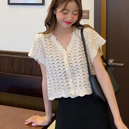 Korean Women Short Sleeve Top Sexy V Neck Button Sexy T-Shirts Summer Hallow Out Tee Shirt Loose Tops